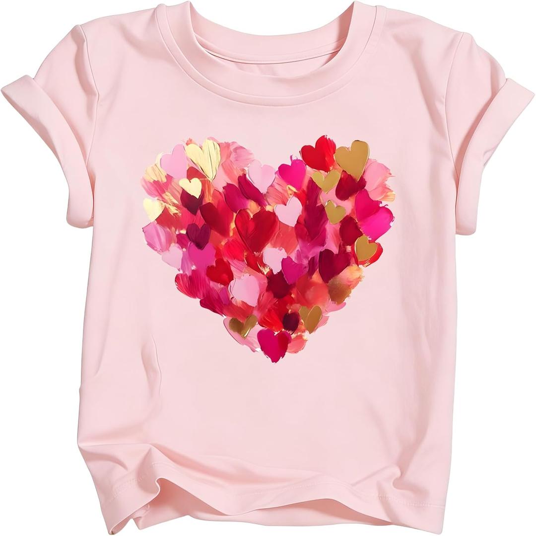 Girls Valentines Day Shirt Kids Cute Love Heart Graphic T-Shirts Toddler Valentine Short Sleeve Tee 2026 (3-10 Years)