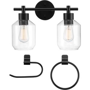 GLOBE Electric 51850 Cannes 3-Piece Powder Room Set, Matte Black, 2-Light Vanity Light with Clear Glass Shades, Toilet Paper Holder, Towel Ring, Bulb Not Included