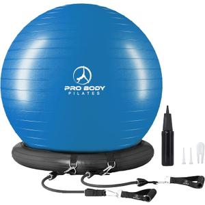ProBody Pilates Yoga Ball Chair, Exercise Ball Chair with Base or Stand for Home Office Desk Sitting or Workout, 65cm Antiburst Balance & Stability Ball Seat, Large Gym Ball for Back, Abs (Blue with Bands)