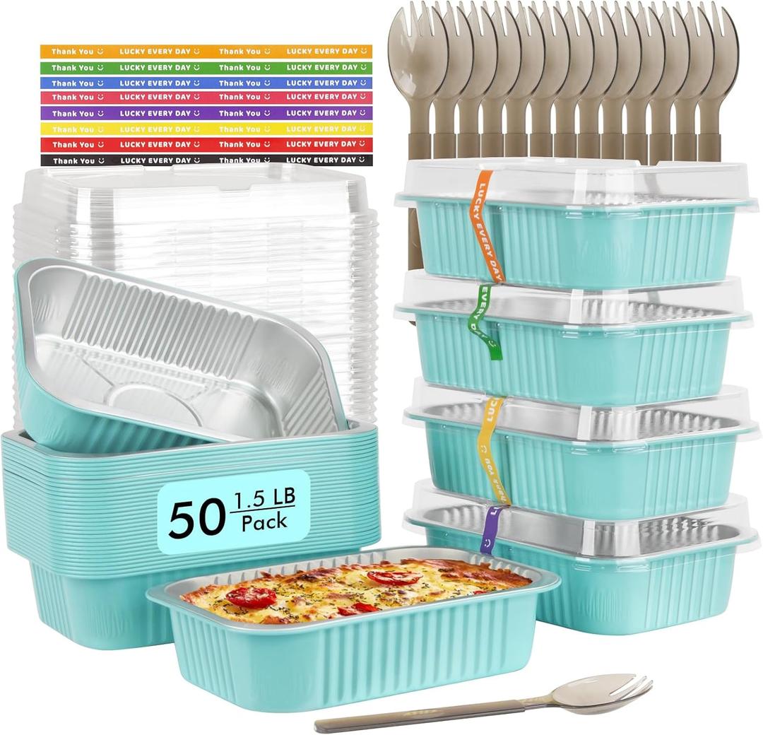 LNYZQUS 50 Pack 1.5lb Small Baking Pans with Lids, 7 x 5 Aluminum Foil Containers Individual Cake Tins,24oz Heavy Duty Takeout Leftover Containers Meal Prep Holders Boxes for Oven-Blue