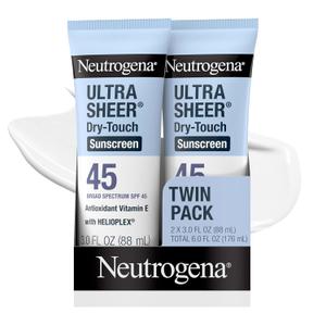 Neutrogena Ultra Sheer DryTouch Sunscreen For Face & Body, SPF 45 Broad Spectrum UVA/UVB Protection, Lightweight Water Resistant & NonGreasy, Travel Size Sunscreen, 3 fl. oz 2 pack