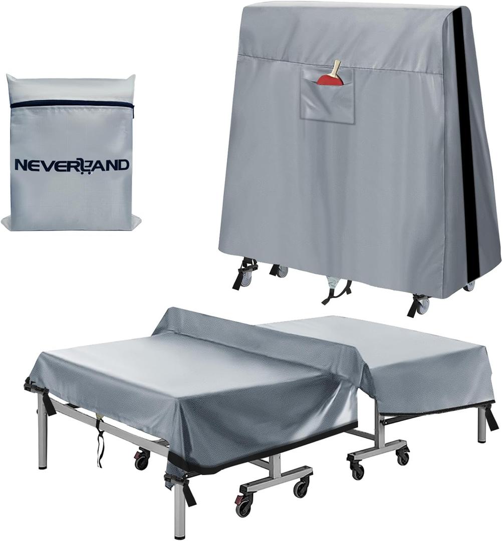 NEVERLAND Ping Pong Table Cover Outdoor Waterproof, Table Tennis Cover Indoor & Outdoor Fits Universal 9x5 FT Tables Folding & Flat Tables with Paddles Organize Bag, 600D Oxford Fabric, Gray
