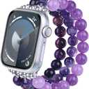 MOFREE Beaded Bracelet Compatible with Apple Watch Band 42mm 44mm 45mm Women, Fashion Handmade Crystal Stone Beads Elastic Stretchy Strap for iWatch Band Series SE 9 8 7 6 5 4 3 2 1 (Dark Purpl)