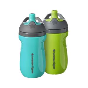 Tommee Tippee Insulated 9 Oz Sporty Spout Toddler Water Bottle, No Spill, Sippy Cups for Toddlers 1-3, Two-Piece Valve Helps Stop Spills, Green & Teal, BPA Free, Pack Of 2