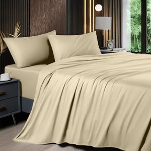 Shilucheng 4 Piece Queen Sheet Sets, Cooling Sheets, Blend Rayon Derived from Bamboo, Deep Pocket Up to 16", Breathable & Soft Bed Sheets, Hotel Silky Bedding Set, Beige