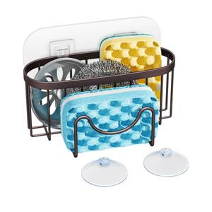 HapiRm Multifunctional Sponge Holder for Kitchen Sink with Unique M-Shaped, 2 Installation Methods Sink Caddy, Stainless Steel Kitchen Organizer for Sponge, Brush, Sink Stopper and Scraper -Bronze