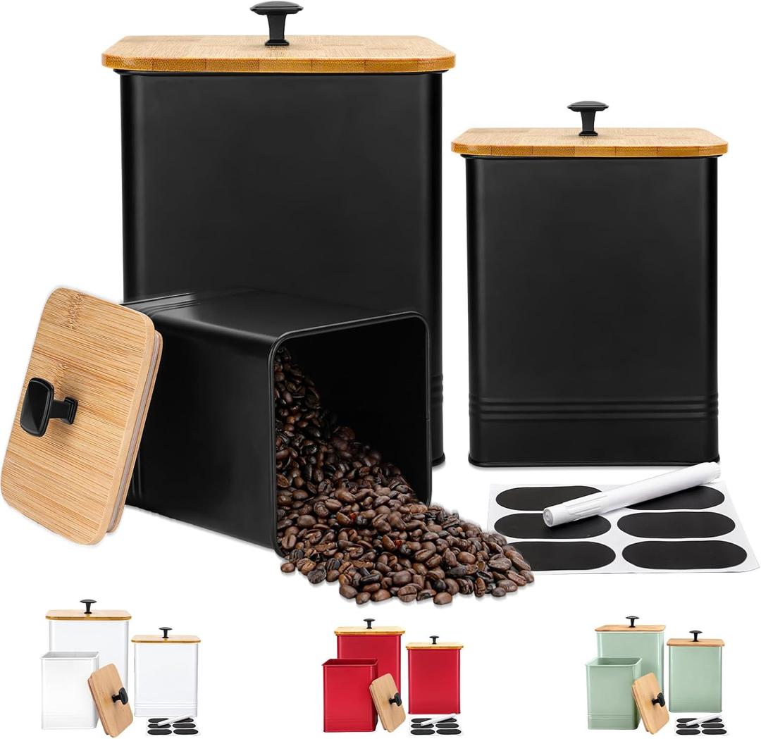 Kitchen Canisters Set of 3, Metal Flour Sugar Storage Containers with Airtight Lids-Canisters Sets for Kitchen with Customizable Chalkboard Labels & Marker Pen-Spice, Coffee Storage Jars(Black)