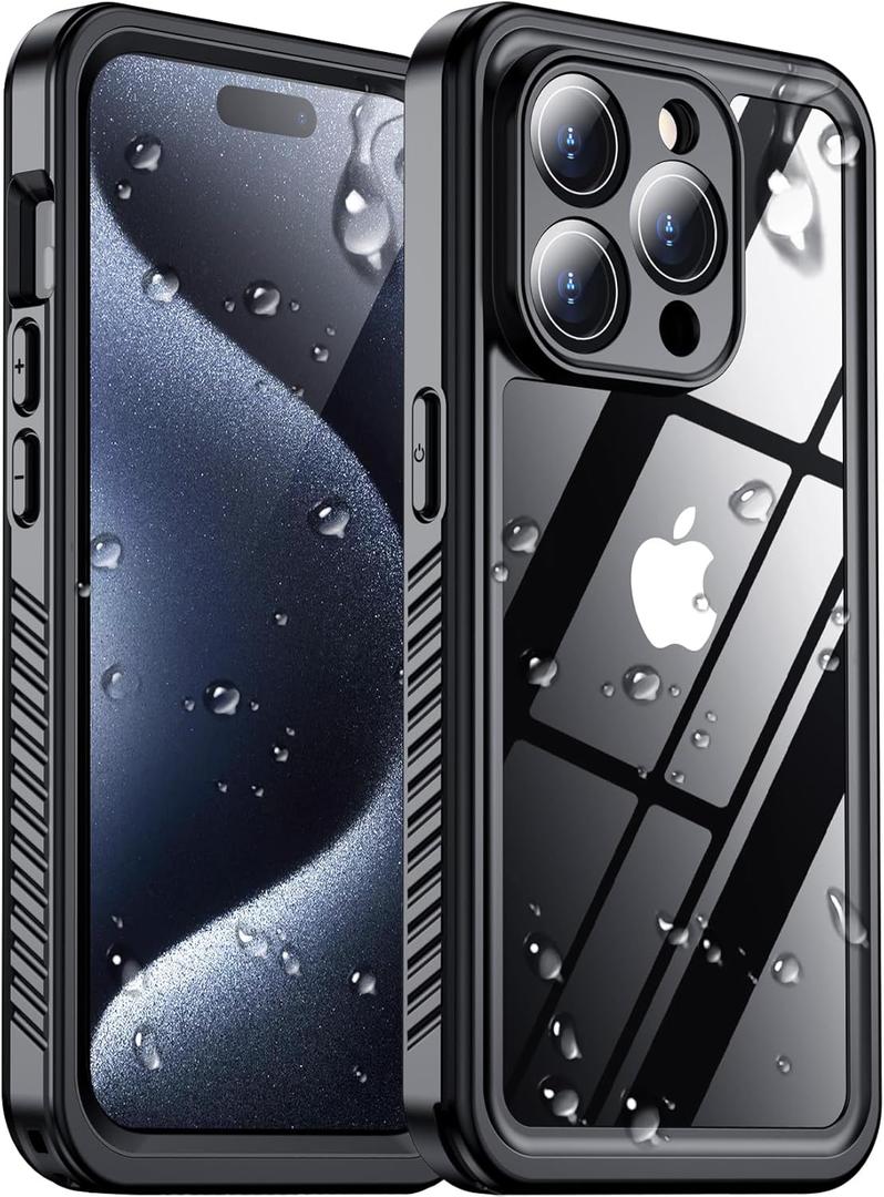 2025 New Designed for iPhone 15 Pro Case Waterproof, [Military Grade Shockproof][Glass Camera Protector & Built-in Screen Protector][IP68 Underwater][Dustproof][Dropproof] Full Phone Case 6.1" (Black/Clear)