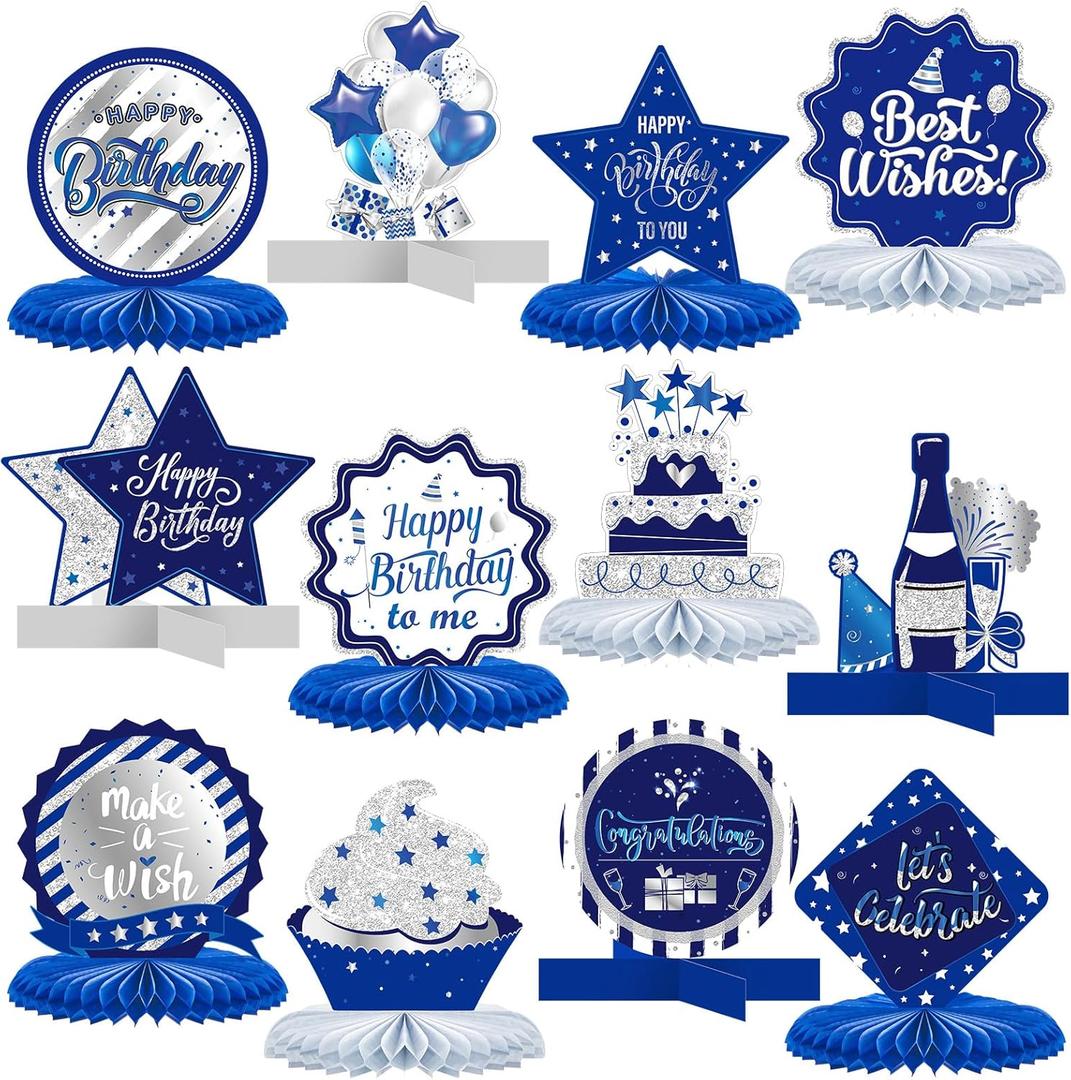 Clabby 12 Pieces Birthday Table Decorations Blue Honeycomb Centerpieces for Table Decor Cute Birthday Honeycomb Topper for Women Men Anniversary Theme Party Supplies Photo Props