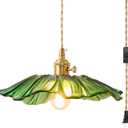 Plug in Vintage Pendant Lights Kitchen Island Glass Brass Hanging Light Fixture Flower Light for Bedroom Kitchen Hallway Corded On/Off Switch Bathroom Green Sunflower