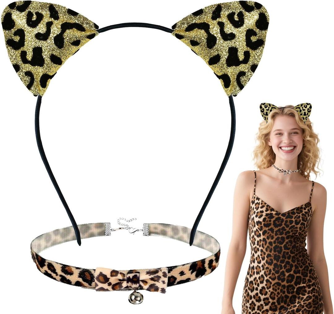 6 x Cheetah Leopard Ears Headband with Bell Choker- Leopard Print Cat Ears Headband for Cheetah Costume Women Adult, Halloween Party Cosplay Costumes Accessories