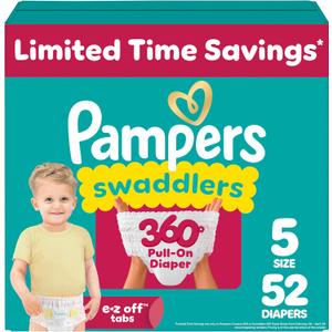 Pampers Diapers - Swaddlers 360 - Size 5, 52 Count, up to 100% Leakproof Comfy Dry Fit, Designed for Easy Changes, Pull On Baby Diaper 