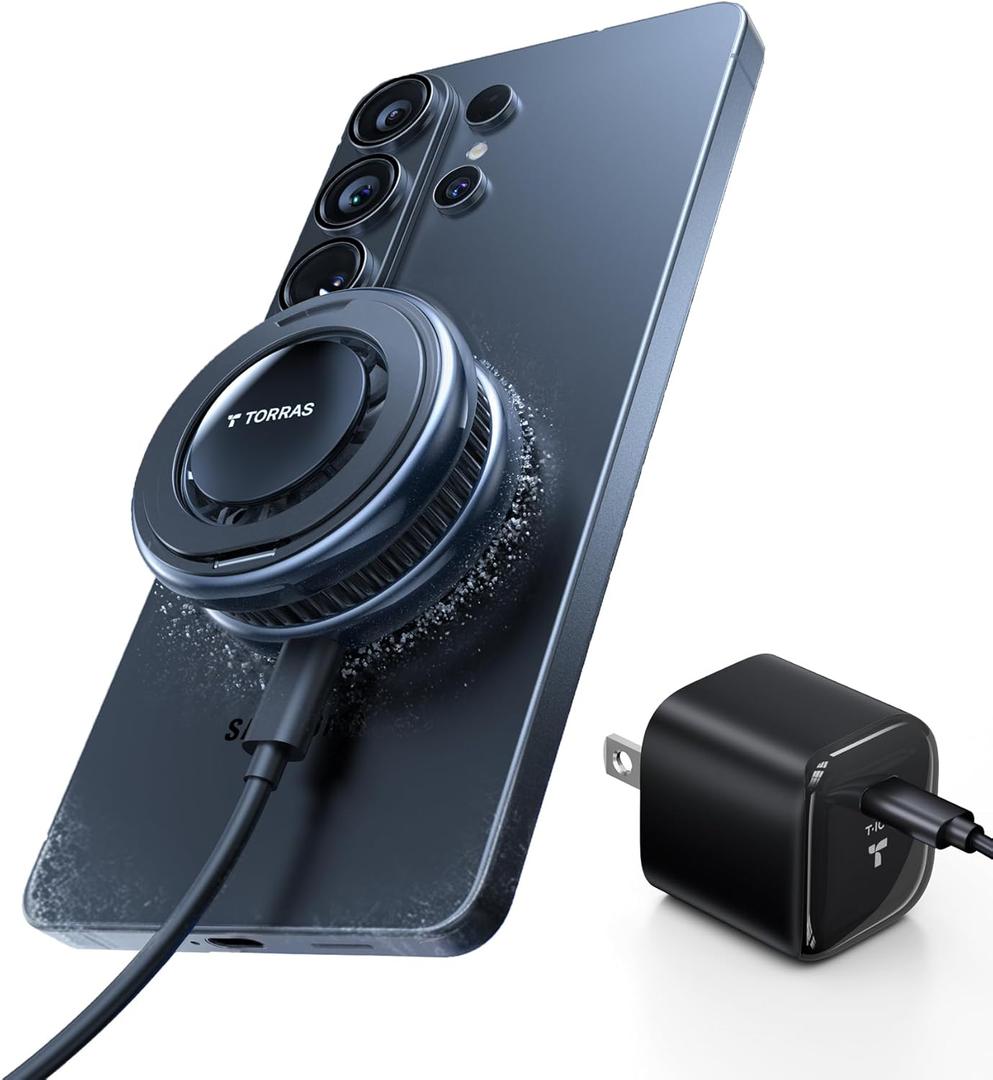 TORRAS PolarCircle Qi2.2 Wireless Charger, 25W Cooling Magnetic Pad for Samsung Galaxy S26/S25, Wireless Charger for iPhone 17/16 with 360Spin Stand, Semiconductor Phone Cooler, with 45W IceNano Plug (Deep Black)