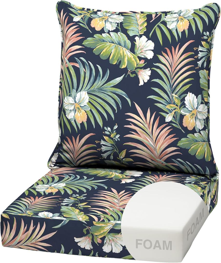 Arden Outdoor Foam Deep Seat Cushion Set, 22 in x 24 in, Weather-Proof, Rain-Proof, Fade Resistant Patio Cushion, Bottom and Back Cushion for Chair, Sofa, and Couch Simone Blue Tropical