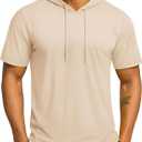 TACVASEN Short Sleeve Hoodies for Men Cotton Hoodies Summer Sweatshirt Lightweight Breathable Workout Shirts Pullover (Beige, XXL)