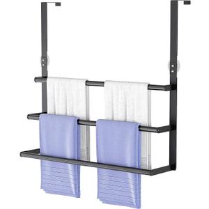 Over The Door Towel Rack, Over Door Towel Racks for Bathroom Door, 3 Tier Towel Storage Hanger Holder for Bathroom Accessories, 24 Inch Towel Bar for Hanging Towels, Black