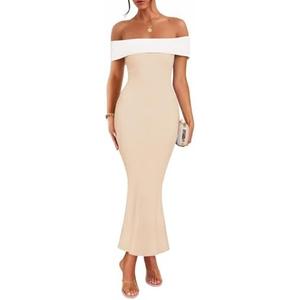 ZESICA Women's 2025 Summer Off The Shoulder Ribbed Knit Sweater Dresses Sleeveless Color Block Party Bodycon Maxi Dress, S