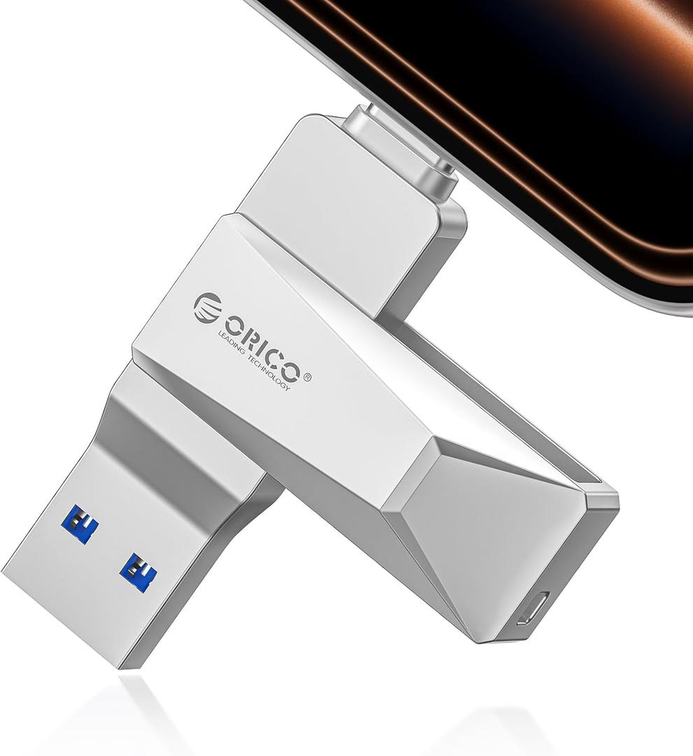 ORICO Dual Port USB 3.0 Flash Drive 256GB, 150MB/s Read 70MB/s Write,360 Rotate Zinc Alloy Thumb Drive, USB-A & Type-C Jump Drive for PC/Mac/Phone/iPad/Linux (Silver)-CB05