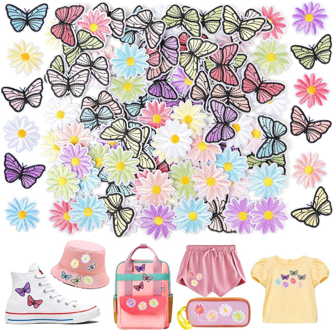NICEVINYL Flower Iron on Patches for Clothing: 90pcs Multicolor Cute Daisy Flower Applique Patches Sew on Backpacks - Butterfly Embroidered Patches for Jeans Jackets Tote Bags Hats