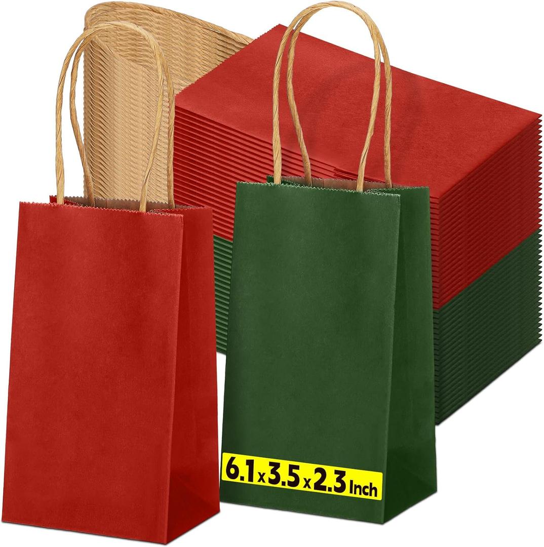 Tenceur 100 Pcs Red and Green Christmas Gift Bags Kraft Paper Bags with Handles Holiday Gift Bags for Wedding Baby Shower Bridal Shower Shopping Party Favor Business(6.1 x 3.5 x 2.3 Inch)