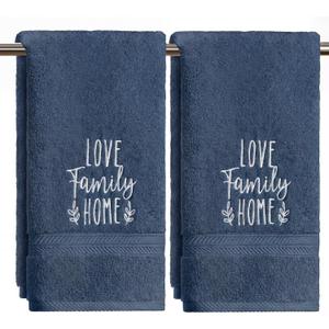 Artoid Mode 2 Pcs Navy Blue Love Family Home Embroidered Hand Towels for Bathroom, Cotton Soft Absorbent Farmhouse Decor Towels, 13.7 x 29.5 Inch