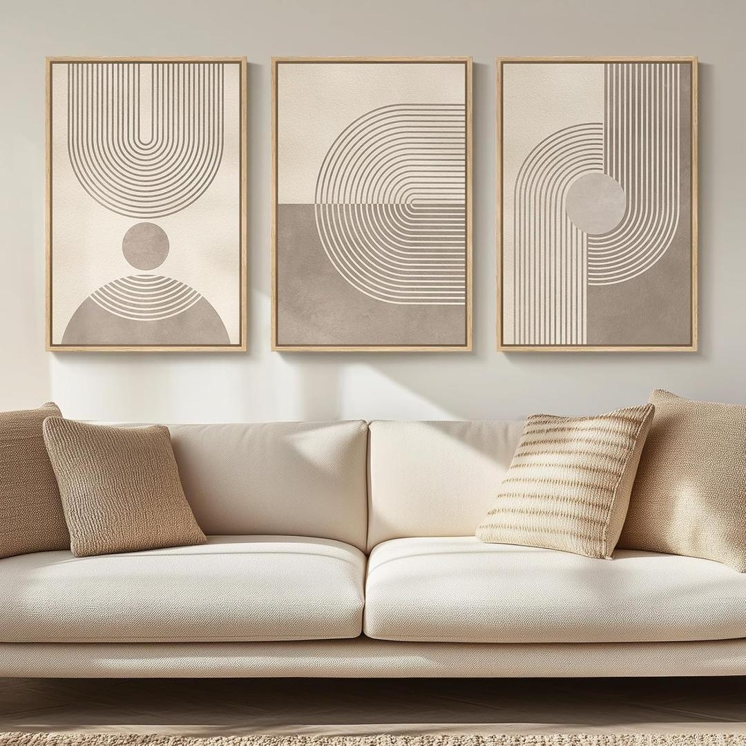 Framed Neutral Modern Minimalist Wall Art for Living Room, 3 Piece Boho Abstract Canvas Prints Artwork for Walls, Mid Century Boho Neutral Geometric Paintings for Bedroom Hallway Wall Decor, 16x24 In, 16" W x 24" H x 3Pcs
