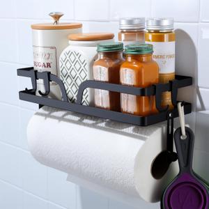 ZUNTO Wall Mount Paper Towel Holder with Shelf, Self Adhesive or Drilling, Stainless Steel Paper Rack for Kitchen, Black