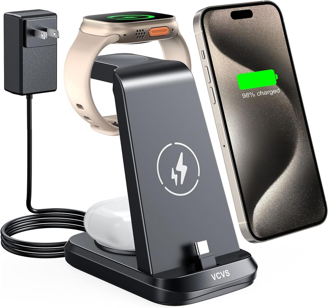3 in 1 Charging Station for AppleUSB C Charger for iPhone 16/15/Plus/Pro/MaxNot for iPhone 14 or Earlier, Wireless Charger for Apple Watch Ultra 2/Ultra/SE/10/9/8/7/6/5/4/3/2 & AirPods 4/3/2/Pro