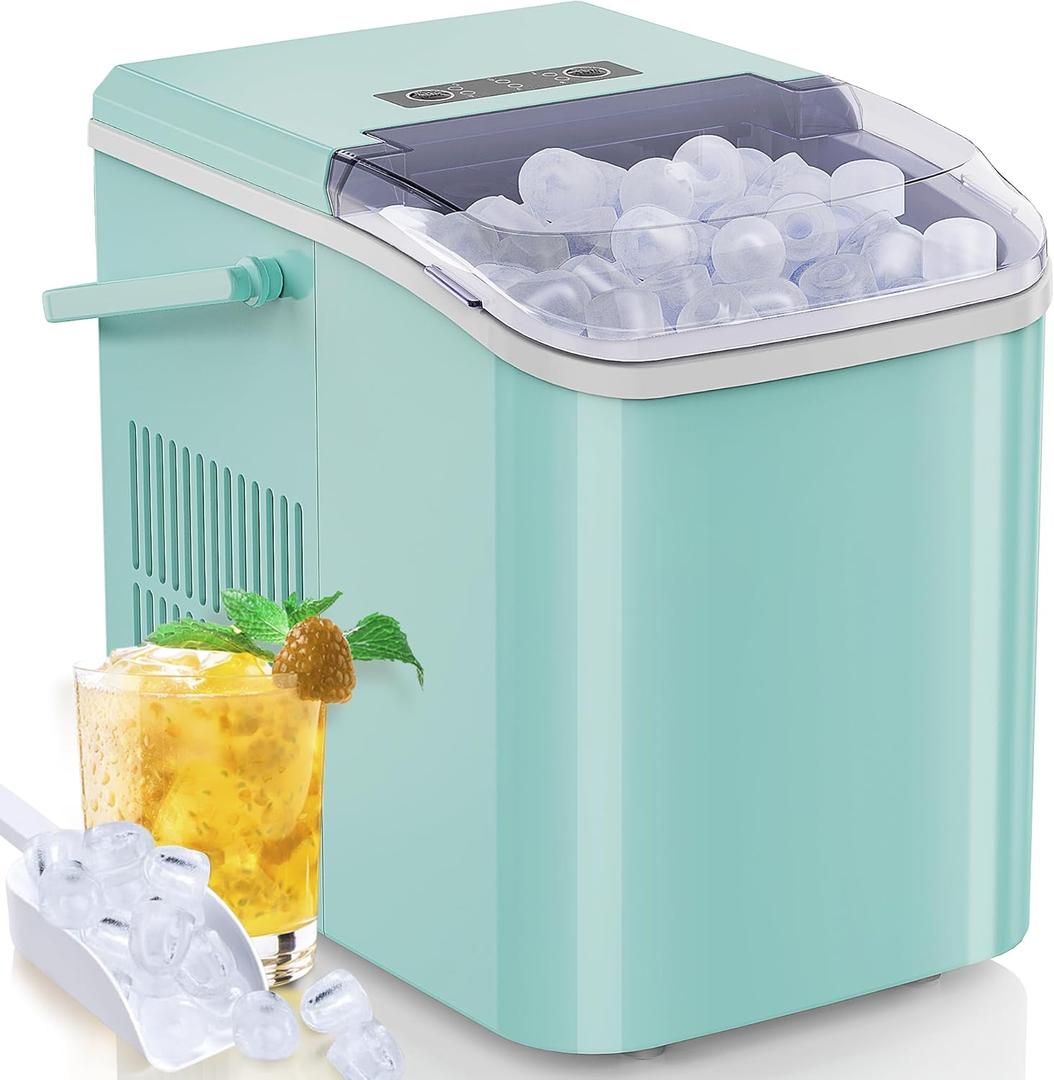 Countertop Ice Maker, 9 Cubes in 6 Mins, 26lbs in 24Hrs, 2 Sizes of Bullet Ice, Auto-Cleaning, Portable Ice Machine with Handle, Basket and Scoop for Home Kitchen, Party and Camping (Green) (Green)