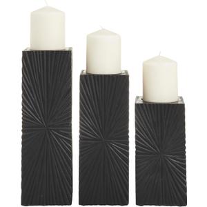 CosmoLiving by Cosmopolitan Wood Geometric Carved Pillar Candle Holder, Set of 3 12", 10", 8"H, Black