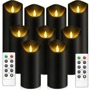 Flickering Flameless Candles, Battery Operated Plastic LED Pillar Candles with Remote Control and Timer, Set of 9 (Black)
