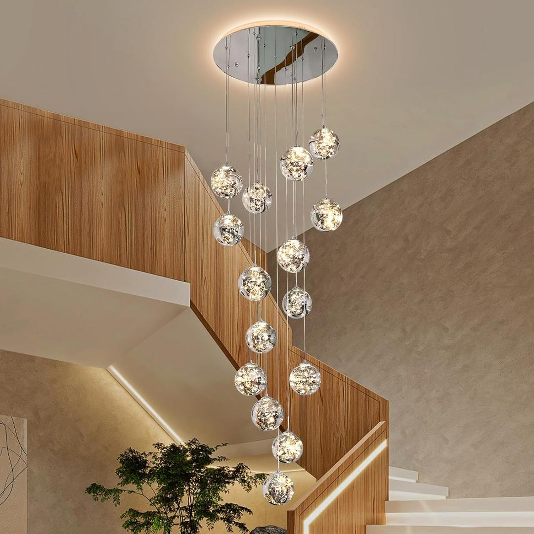 15-Light LED Staircase Chandelier Crystal Ceiling Lights Large Chandeliers for High Ceilings, Entryway Modern Lighting Fixture Villas and Stairs, Adjustable Length 23" W x100 H,75W (Gray)