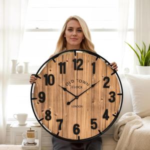 Large Old Town Farmhouse Wall Clock 30 Inches Rustic Antique Wood with Metal Circle and Large Numerals Silent Battery Operated Wall Clock for Office Kitchen Bedroom Living Room (Brown)