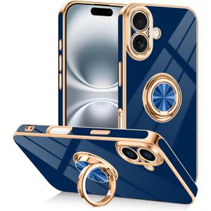 Designed for iPhone 16 Case with Ring Stand Slim Blue | 360 Rotatable Finger Holder, Support Magnetic Car Mount, Soft TPU Electroplated, Full Lens Protection, Shockproof Phone Case