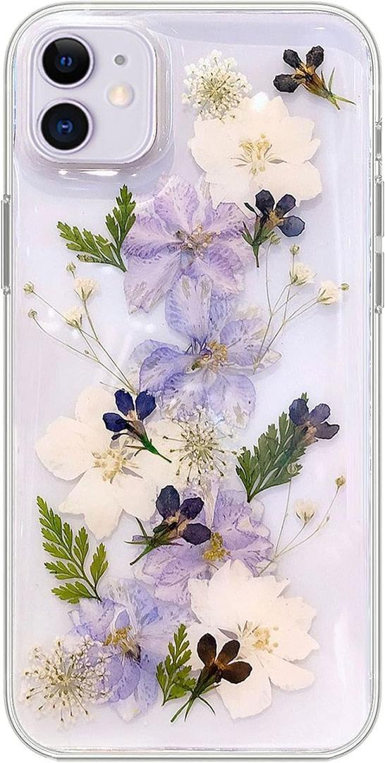 Abbery for iPhone 11 Phone Case Floral Cute Clear with Pressed Dry Real Flower Design Soft TPU Flexible Rubber Women Girls Blue White Flowers Shockproof Protective Case for iPhone 11 (Navy Flower)