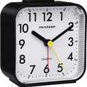Peakeep Small Battery Operated Analog Travel Alarm Clock Silent No Ticking, Lighted on Demand and Snooze, Beep Sounds, Gentle Wake, Ascending Alarm, Easy Set (Black)