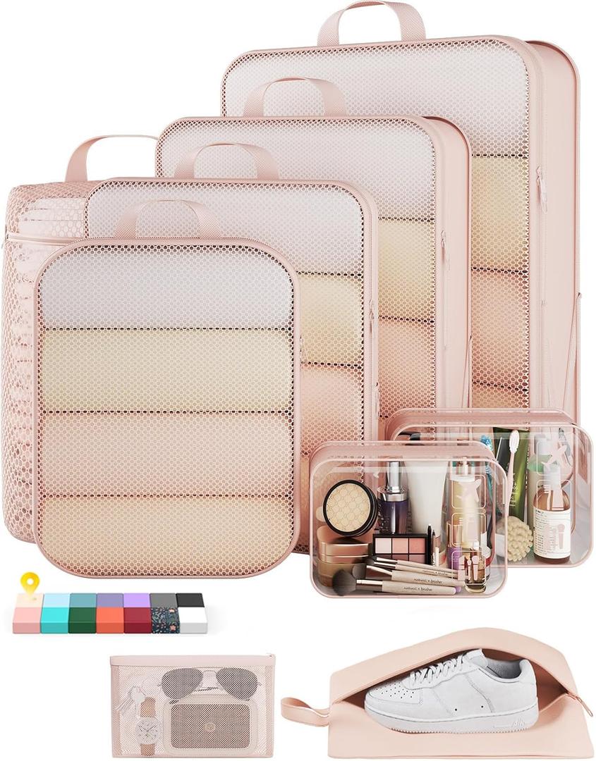 Veken 9/11 Set Compression Packing Cubes for Travel Essentials, Compressible Expandable Large Luggage Suitcase Organizer Bags for Clothing, Durable Space Saver Storage Bags with Toiletry Bags(Beige)