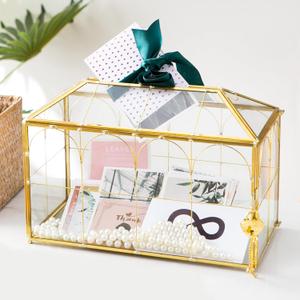 Glass Wedding Card Box with Slot, 12.5'' Large Clear Card Box Gold Brass Gift Card Storage Box with Lock Perfect for Wedding Receptions, Baby Shower, Birthday Party, Bridal Shower