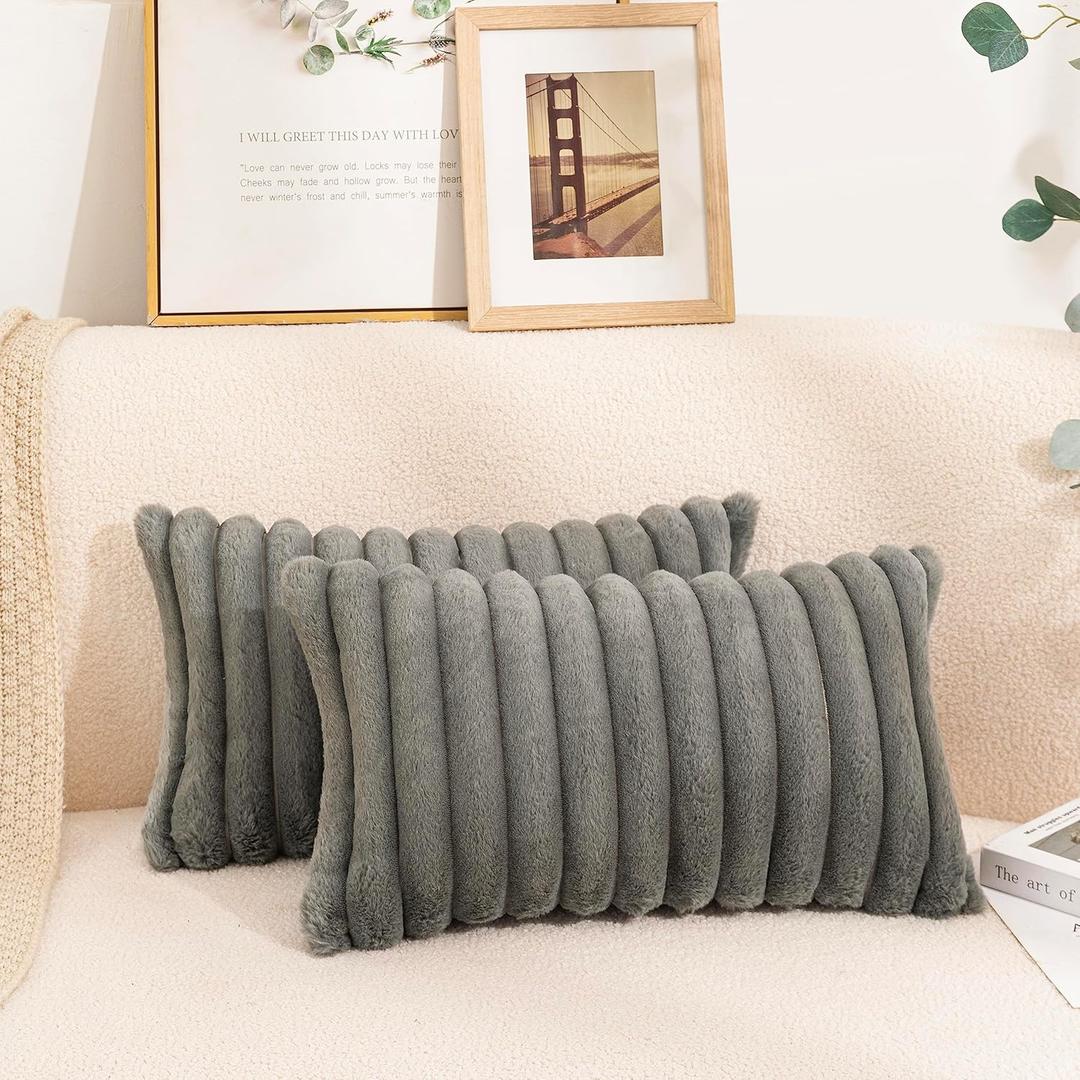 Uhomy 2 Pack Faux Fur Plush Decorative Throw Pillow Covers Fuzzy Striped Soft Pillowcase Cushion Covers for Living Room Sofa Couch Bedroom, 12x20 inch 30x50 Cm, Grey