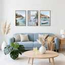 Greek Island Coastal Framed Canvas Wall Art Set,Modern Mediterranean Whitewashed Architecture Scenery Wall Decor,Natural Blue Beach Boat Landscape Artwork for Living Room,Farmhouse- 24"x36"x3