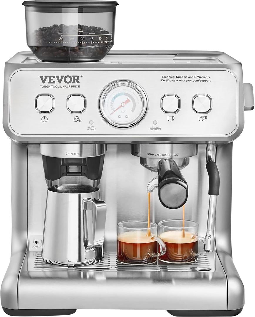VEVOR Espresso Machine Built-in Grinder, 15 Bar Semi-Automatic Espresso Coffee Maker with Milk Frother Steam Wand, PID Control System for Cappuccino, Latte, Macchiato