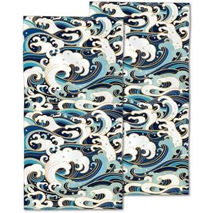 CXULIN 2 Pack Hand Towels for Bath, Japanese Ocean Waves Decorative Towels Highly Absorbent Soft Towels for Bathroom Beach Kitchen Spa Gym Face Towel 14x28 Inch