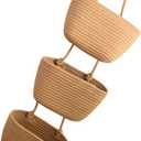 Multipurpose Hanging Cotton Rope Baskets 3 Layer Cotton Rope Foldable Hanging Basket for Efficient Item Arrangement (Khaki)
