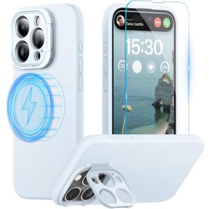 pcgaga for iPhone 15 Pro Max Case with Camera Stand, Compatible with MagSafe and Screen Protector, Phone Strap Liquid Silicone Shockproof Full Body Protection with Microfiber Lining 6.7 (Light Blue)