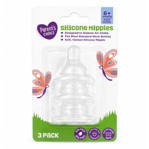 Parent's Choice Fast Flow Silicone Nipples for Standard Neck Infant Baby Bottles, Age 6+ Months, Soft, Vented, Clear, BPA Free, 3 Count - 1 Pack