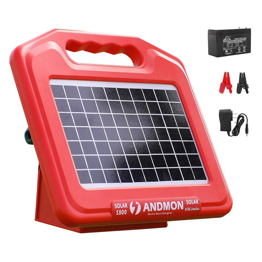 Andmon 50 Miles Solar Electric Fence Charger, 0.95 Joule High-Power Solar Fence Charger for Livestock, Horses, and Wildlife Control, Solar Electric Fence with Easy Installation