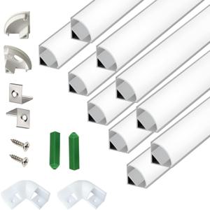 V Shape 6.6FT 200CM LED Strip Aluminum Channel Diffuser, 10-Pack 16x16MM Anodized Silver Track with Curved Milky Cover, Corner Connector and Mounting System