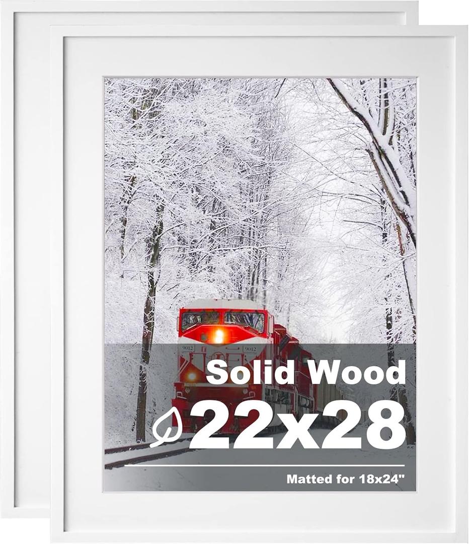 Egofine 22x28 Solid Wood Poster Frames Matted for 18x24 Set of 2 White - with Acrylic Plexiglass Front, Hanging Picture Frames Vertically or Horizontally