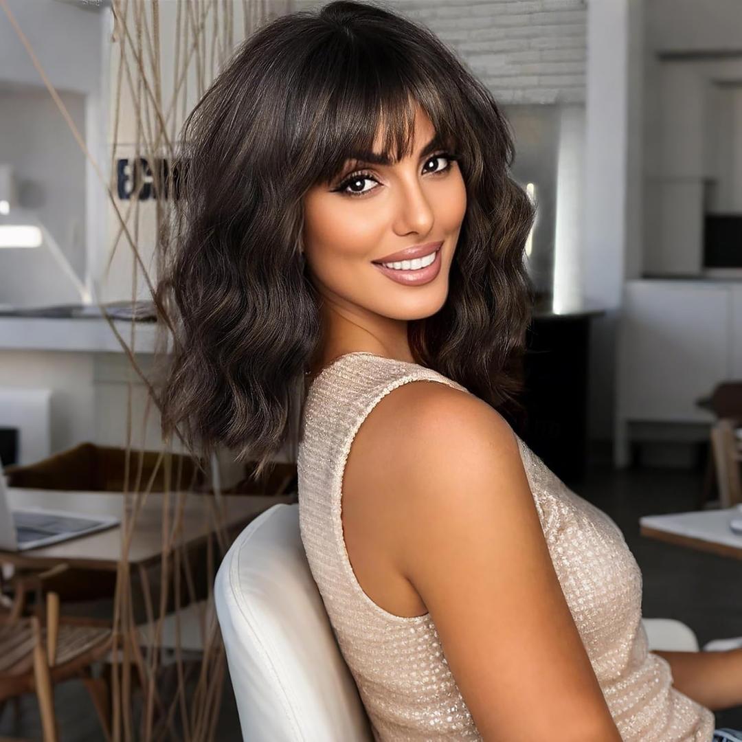 VCKOVCKO Short Wavy Bob Wigs With Air Bangs Women's Shoulder Length Curly Wavy Wigs Synthetic Cosplay cool brown Bob Wig for Girl (12", Black brown)