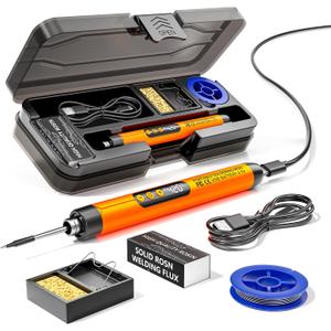 Cordless USB Rechargeable Portable Soldering Iron, 3-speed Temperature Adjustable, Heating Core, Soldering Iron Cord, Rosin, Soldering Iron Stand, Storage Case (Orange)